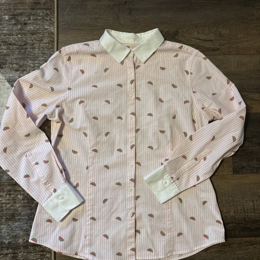 Brooks Brothers Women Sz  12 Watermelon Long Sleeve Button Up Shirt Pink striped